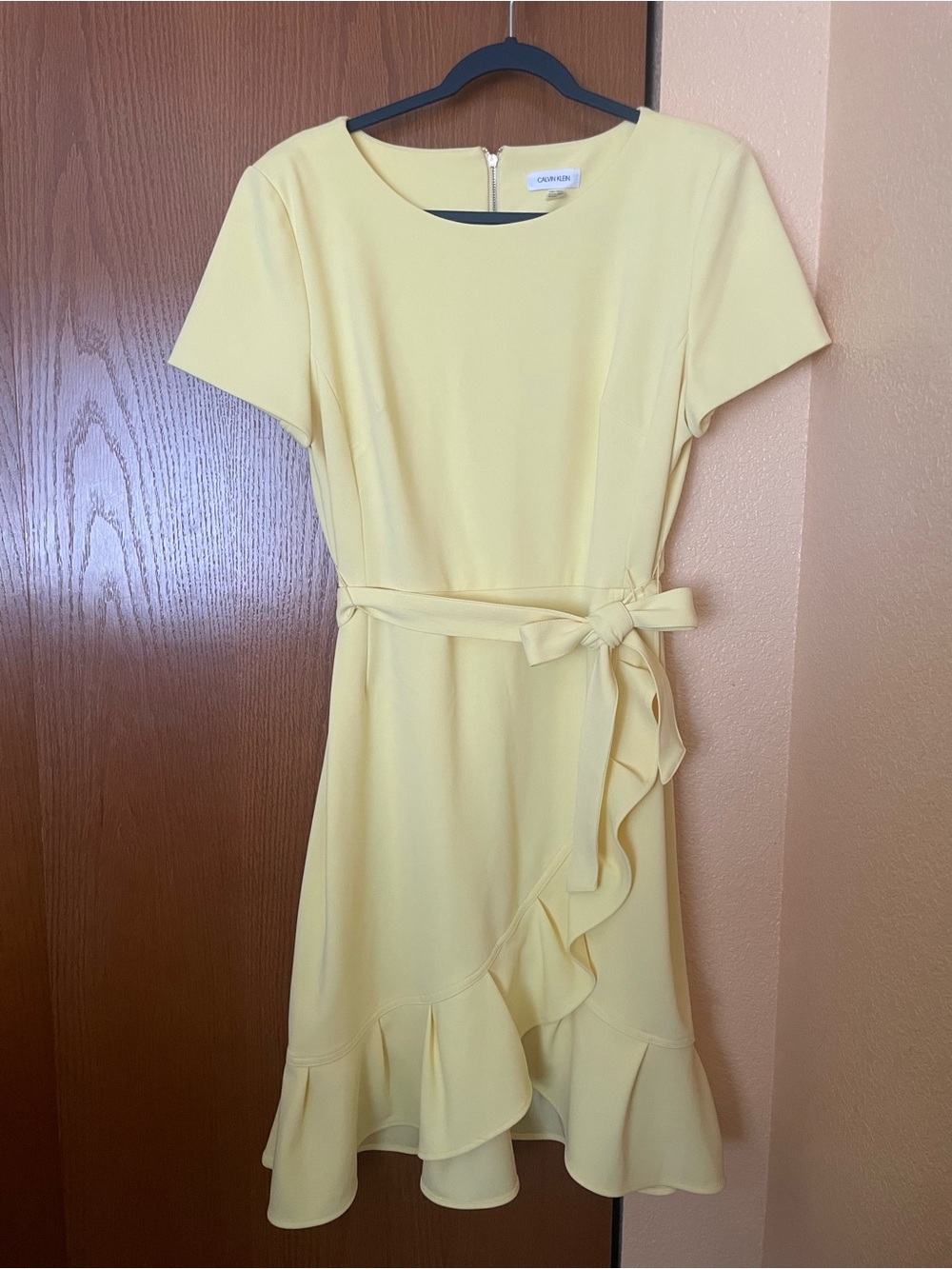 Calvin Klein Pale Yellow Short Sleeve Ruffle Wrap Midi Dress